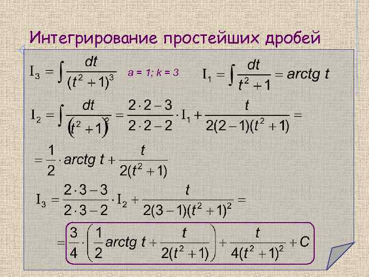 Интегрирование простейших дробей  a = 1; k = 3 