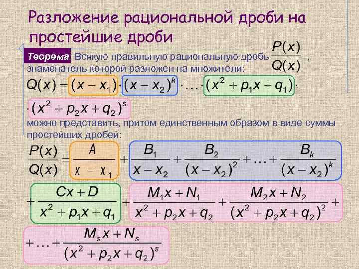 Разложение рациональной дроби на простейшие дроби Теорема: Всякую правильную рациональную дробь  , знаменатель