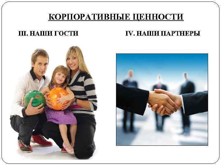   КОРПОРАТИВНЫЕ ЦЕННОСТИ ІІІ. НАШИ ГОСТИ  ІV. НАШИ ПАРТНЕРЫ 