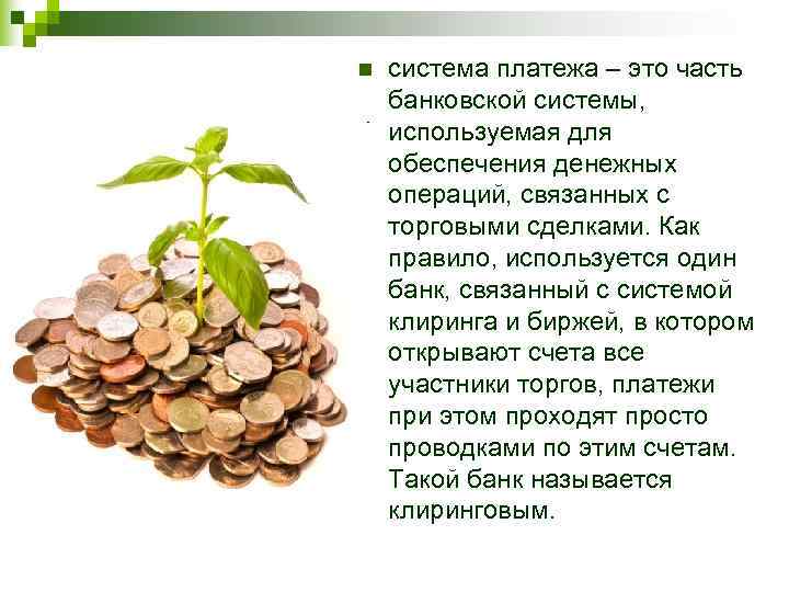 n  система платежа – это часть банковской системы, используемая для обеспечения денежных операций,