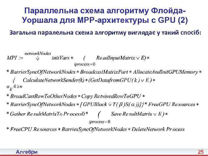 Параллельна схема алгоритму Флойда. Уоршала для MPP-архитектуры с GPU (2) Загальна паралельна схема алгоритму