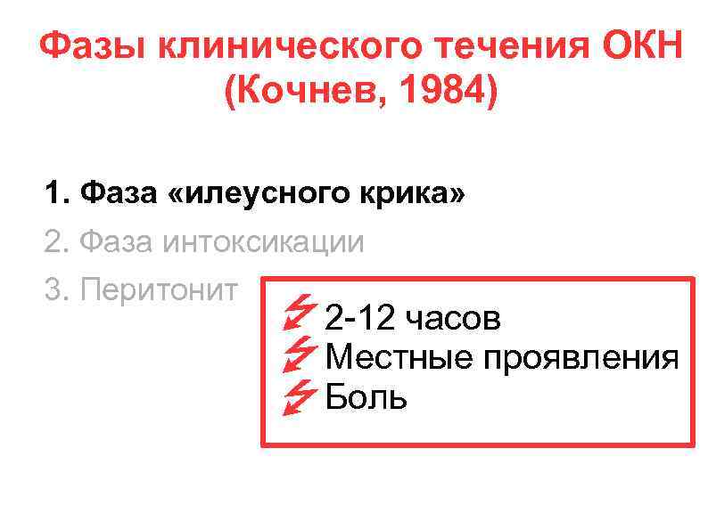 Фазы клинического течения ОКН (Кочнев, 1984) 1. Фаза «илеусного крика» 2. Фаза интоксикации 3.