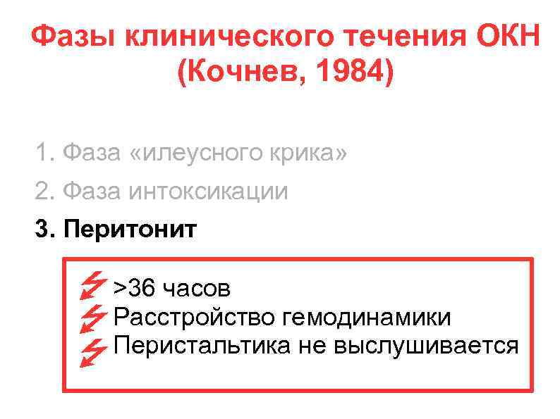 Фазы клинического течения ОКН (Кочнев, 1984) 1. Фаза «илеусного крика» 2. Фаза интоксикации 3.