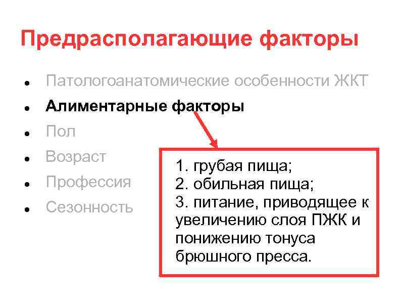 Предрасполагающие факторы Патологоанатомические особенности ЖКТ Алиментарные факторы Пол Возраст Профессия Сезонность 1. грубая пища;