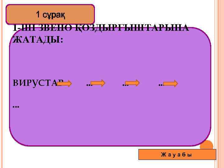 1 сұрақ 1 -ШІ ЗВЕНО ҚОЗДЫРҒЫШТАРЫНА ЖАТАДЫ: ВИРУСТАР . . . Жауабы 