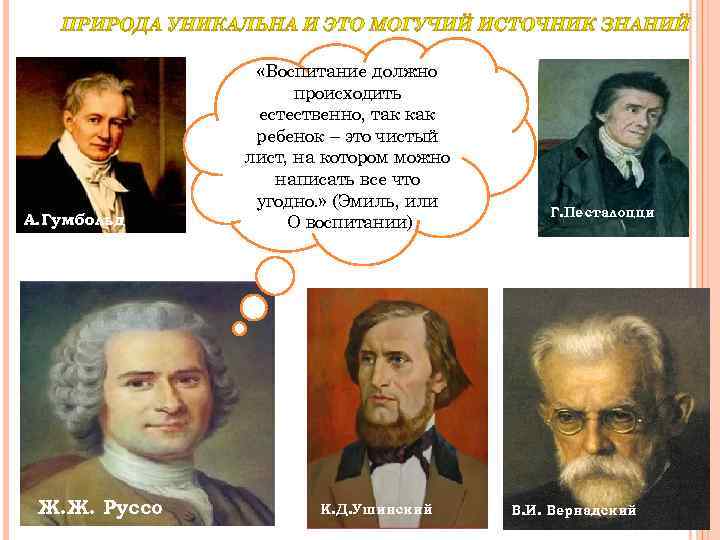 А. Гумбольд Ж. Ж. Руссо «Воспитание должно происходить естественно, так как ребенок – это