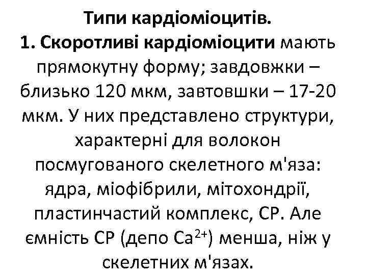 Типи кардіоміоцитів. 1. Скоротливі кардіоміоцити мають прямокутну форму; завдовжки – близько 120 мкм, завтовшки