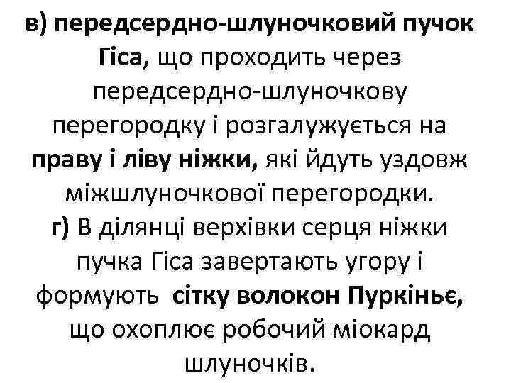 в) передсердно шлуночковий пучок Гіса, що проходить через передсердно шлуночкову перегородку і розгалужується на