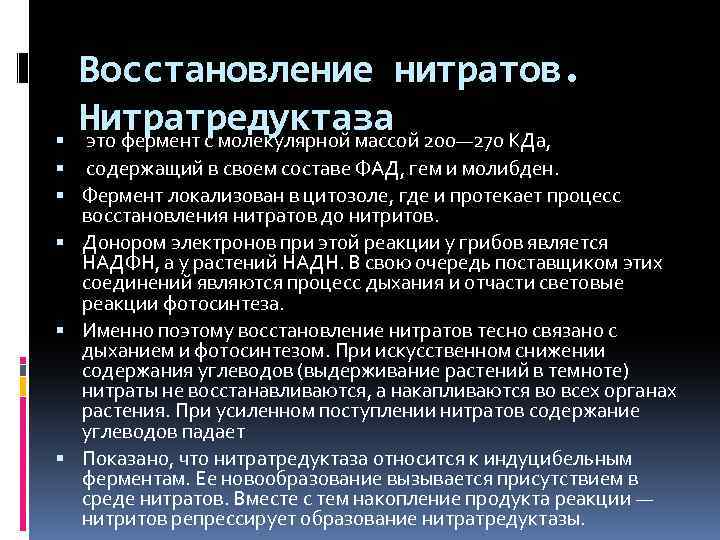 Восстановление нитратов. Нитратредуктаза 200— 270 КДа, это фермент с молекулярной массой содержащий в своем