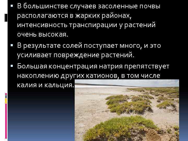  В большинстве случаев засоленные почвы располагаются в жарких районах, интенсивность транспирации у растений