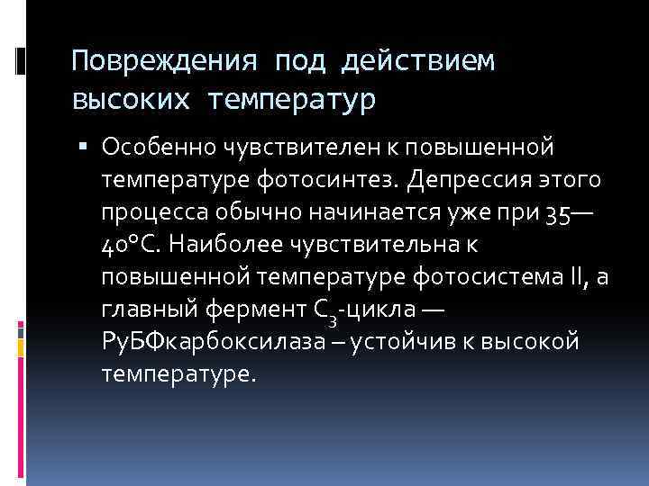 Повреждения под действием высоких температур Особенно чувствителен к повышенной температуре фотосинтез. Депрессия этого процесса