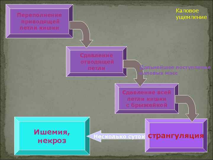 Каловое ущемление Переполнение приводящей петли кишки Сдавление отводящей петли Дальнейшее поступление каловых масс Сдавление