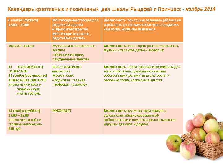 Календарь креативных и позитивных дел Школы Рыцарей и Принцесс - ноябрь 2014 8 ноября