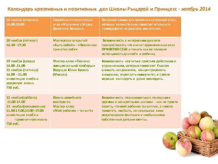 Календарь креативных и позитивных дел Школы Рыцарей и Принцесс - ноябрь 2014 18 ноября