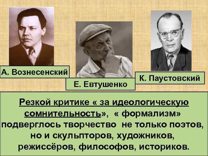 А. Вознесенский Е. Евтушенко К. Паустовский Резкой критике « за идеологическую сомнительность» , «