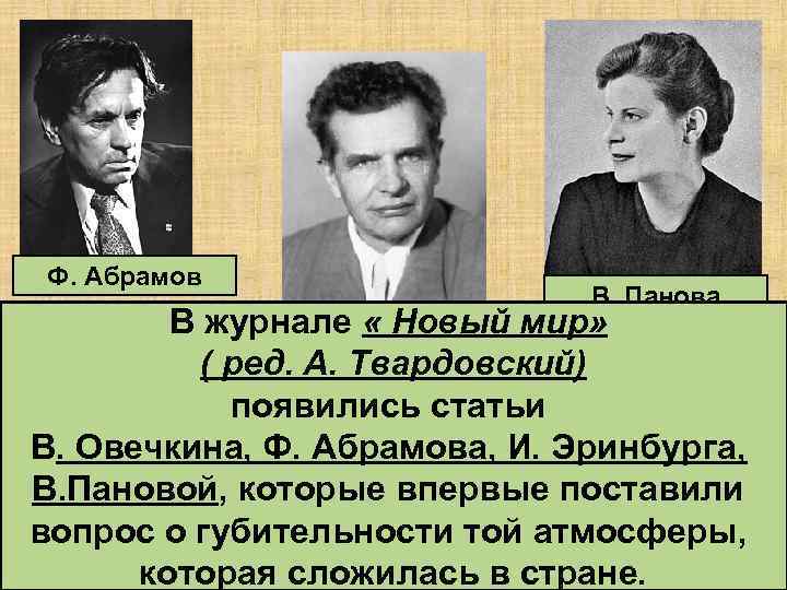 Ф. Абрамов В. Панова В журнале « Новый мир» Ф. И. Панфёров ( ред.