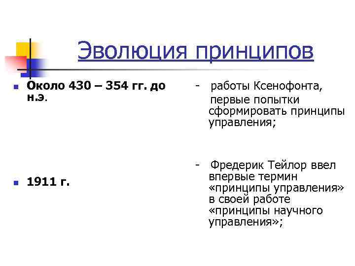 Эволюция принципов n n Около 430 – 354 гг. до н. э. 1911 г.