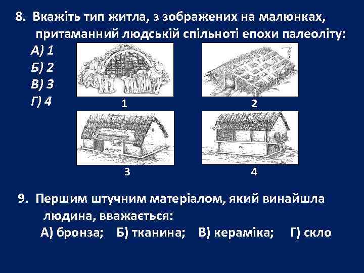 8. Вкажіть тип житла, з зображених на малюнках, притаманний людській спільноті епохи палеоліту: А)