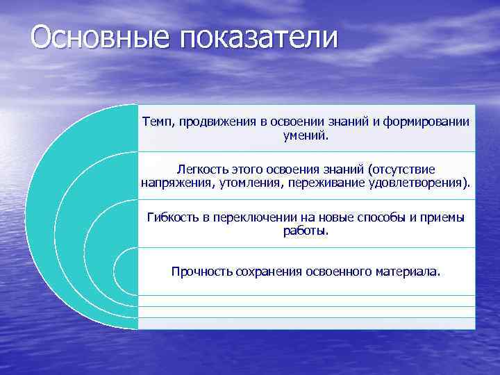 Основные показатели Темп, продвижения в освоении знаний и формировании умений. Легкость этого освоения знаний