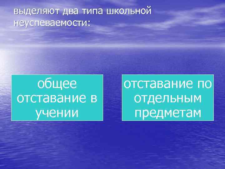 выделяют два типа школьной неуспеваемости: общее отставание в учении отставание по отдельным предметам 