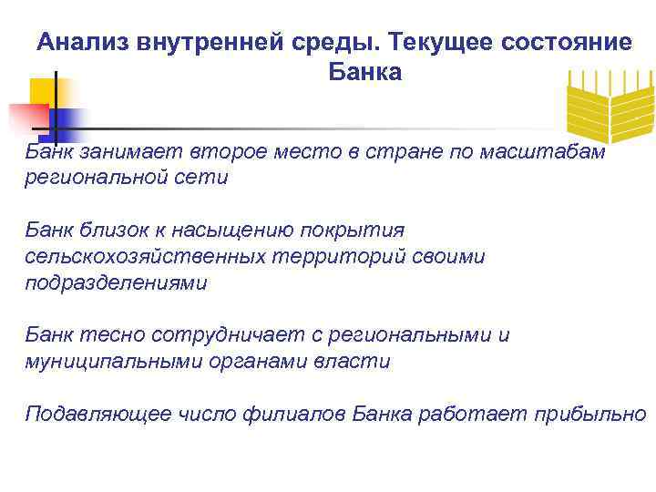  Анализ внутренней среды. Текущее состояние     Банка  Банк занимает