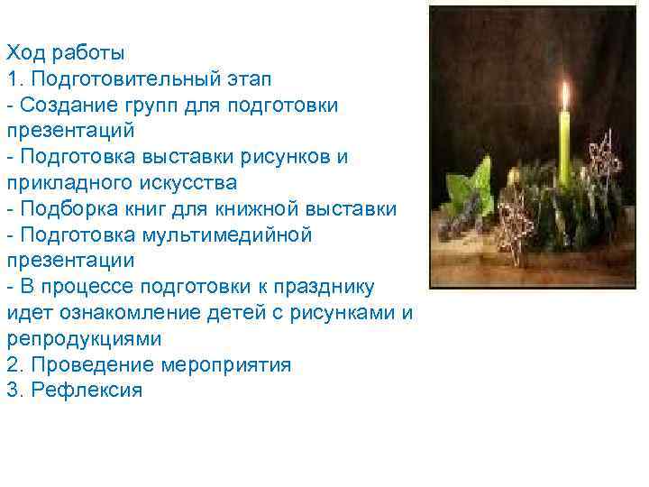 Ход работы 1. Подготовительный этап - Создание групп для подготовки презентаций - Подготовка выставки