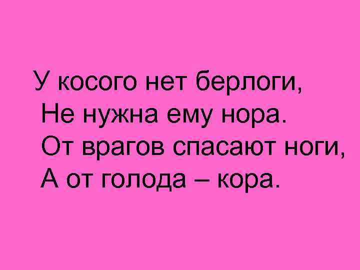 У косого нет берлоги, Не нужна ему нора. От врагов спасают ноги, А от