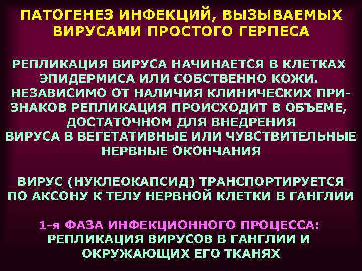  ПАТОГЕНЕЗ ИНФЕКЦИЙ, ВЫЗЫВАЕМЫХ ВИРУСАМИ ПРОСТОГО ГЕРПЕСА  РЕПЛИКАЦИЯ ВИРУСА НАЧИНАЕТСЯ В КЛЕТКАХ ЭПИДЕРМИСА
