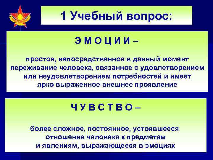   1 Учебный вопрос:    ЭМОЦИИ– простое, непосредственное в данный момент