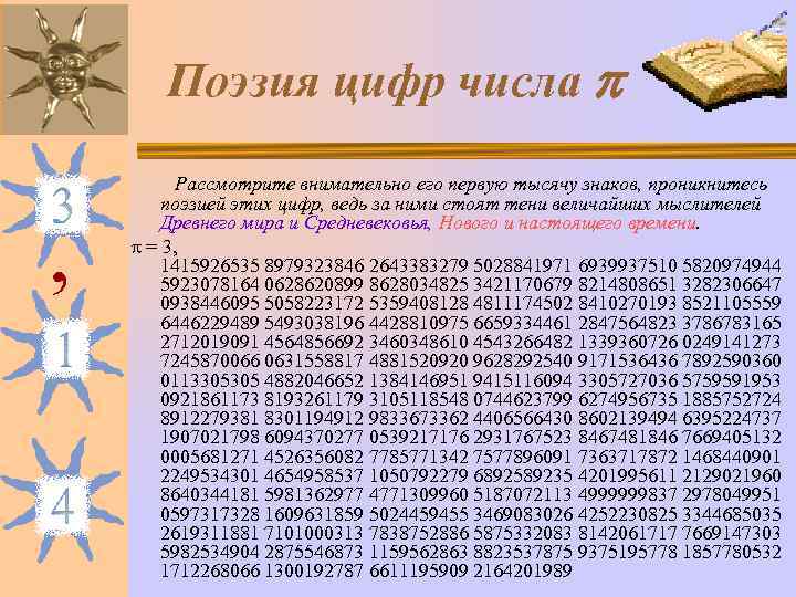   Поэзия цифр числа    Рассмотрите внимательно его первую тысячу знаков,