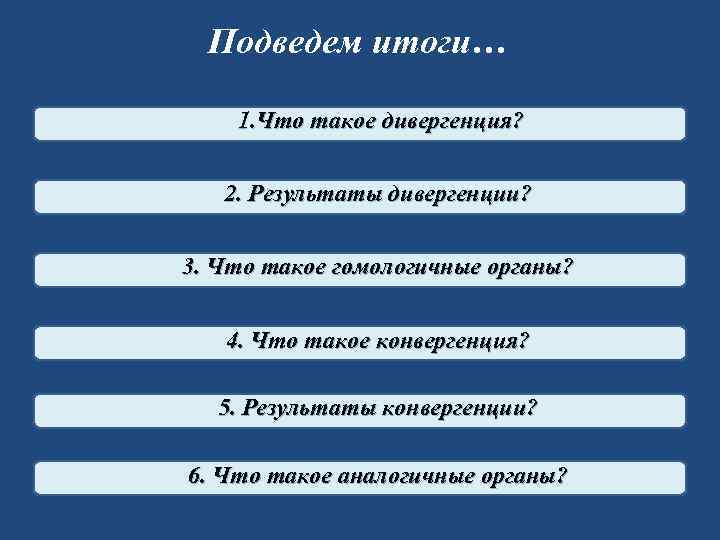  Подведем итоги… 1. Что такое дивергенция? 2. Результаты дивергенции?  3. Что такое