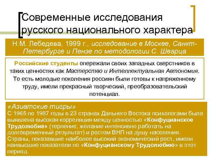 Современные исследования русского национального характера Н. М. Лебедева, 1999 г. , исследование Современные исследования русского национального характера Н. М. Лебедева, 1999 г. , исследование