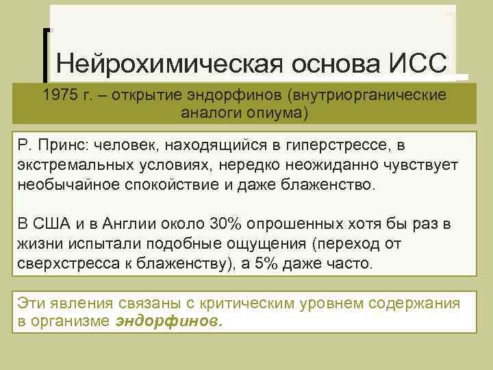   Нейрохимическая основа ИСС  1975 г. – открытие эндорфинов (внутриорганические  
