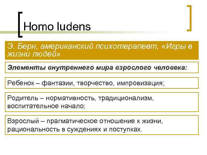   Homo ludens Э. Берн, американский психотерапевт,  «Игры в жизни людей» Элементы