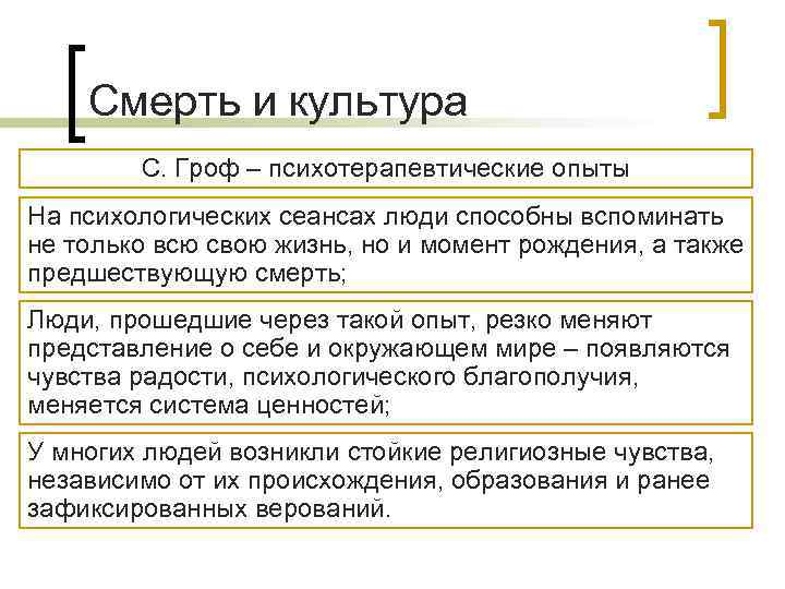   Смерть и культура   С. Гроф – психотерапевтические опыты На психологических