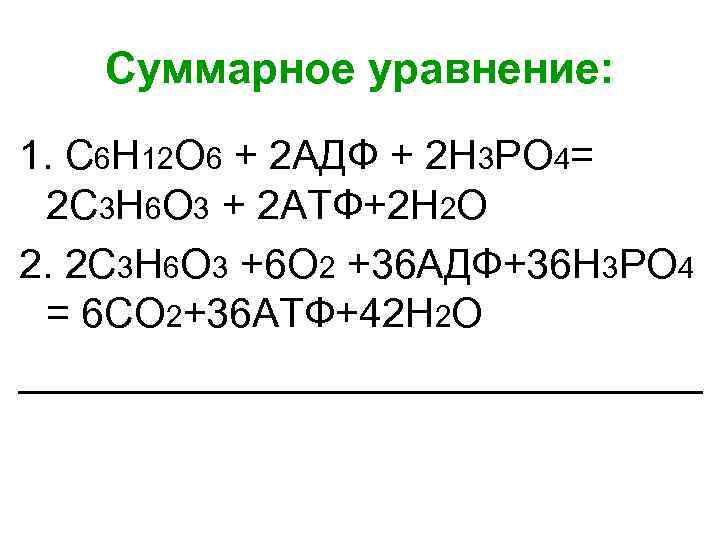   Суммарное уравнение: 1. С 6 Н 12 О 6 + 2 АДФ