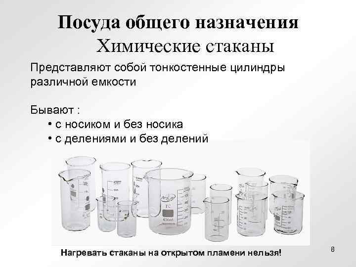   Посуда общего назначения   Химические стаканы Представляют собой тонкостенные цилиндры различной