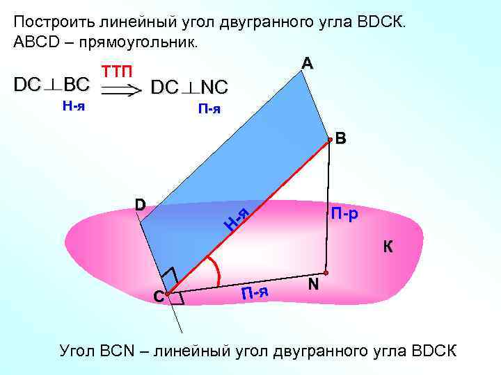 Построить линейный угол двугранного угла ВDСК. АВСD – прямоугольник.  TTП   