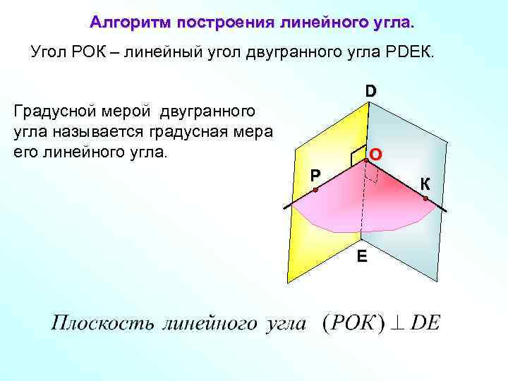   Алгоритм построения линейного угла.  Угол РОК – линейный угол двугранного угла