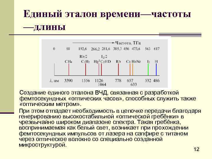  Единый эталон времени—частоты —длины Создание единого эталона ВЧД, связанная с разработкой фемтосекундных «оптических