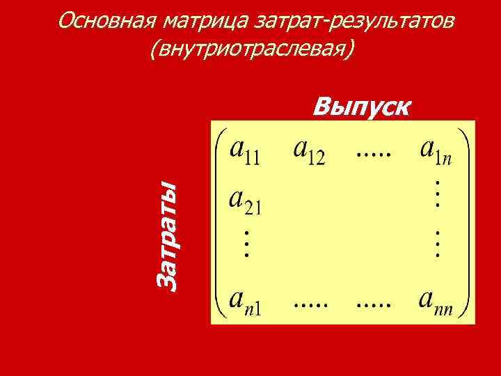 Основная матрица затрат-результатов (внутриотраслевая) Затраты Выпуск 