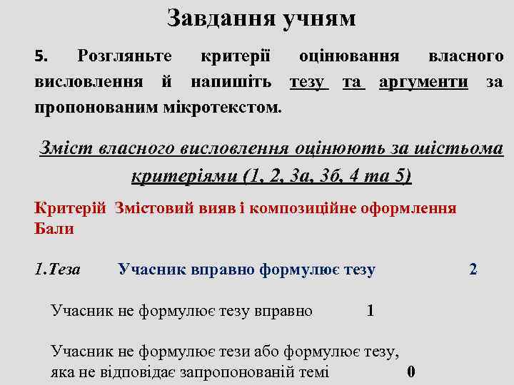     Завдання учням 5.  Розгляньте критерії оцінювання власного висловлення й