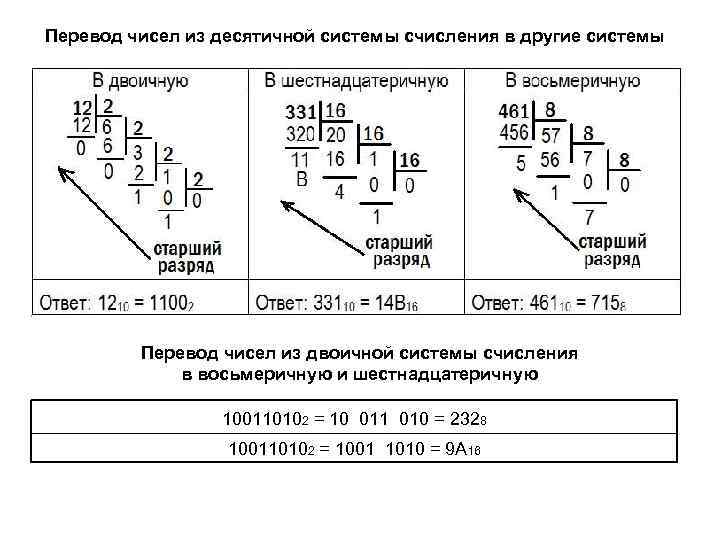 Перевод чисел из десятичной системы счисления в другие системы   Перевод чисел из