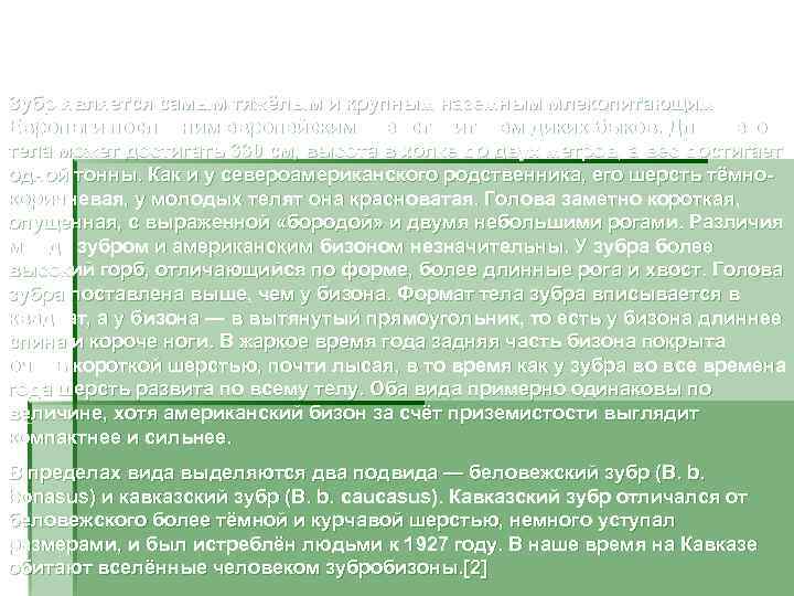       Характеристика Зубр является самым тяжёлым и крупным наземным