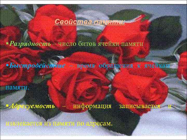     Свойства памяти:  § Разрядность – число битов ячейки памяти