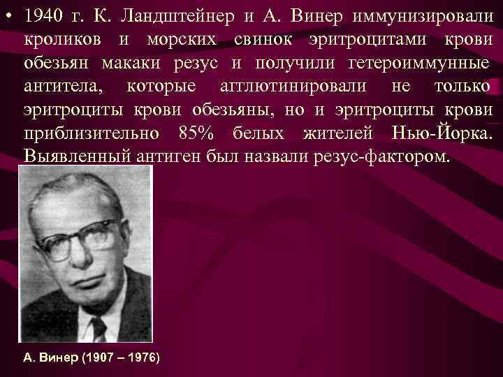 • 1940 г. К. Ландштейнер и А. Винер иммунизировали кроликов и морских • 1940 г. К. Ландштейнер и А. Винер иммунизировали кроликов и морских