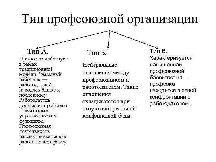 Тип профсоюзной организации Тип А.    Тип Б.   Тип В.