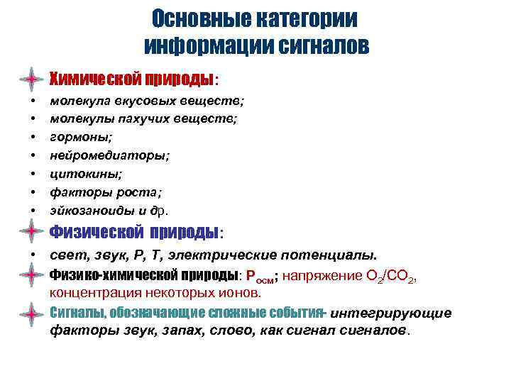    Основные категории   информации сигналов • Химической природы:  •