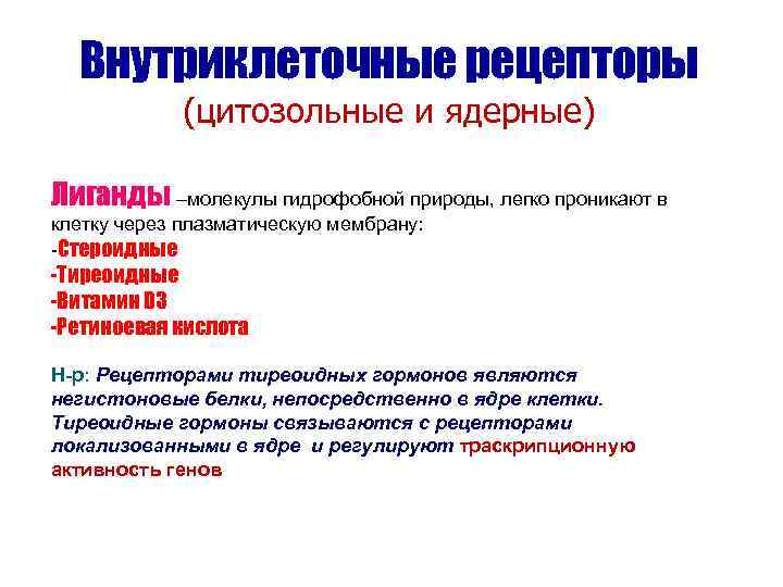  Внутриклеточные рецепторы   (цитозольные и ядерные) Лиганды –молекулы гидрофобной природы, легко проникают