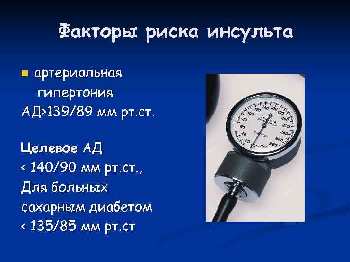  Факторы риска инсульта nартериальная  гипертония АД>139/89 мм рт. ст.  Целевое АД